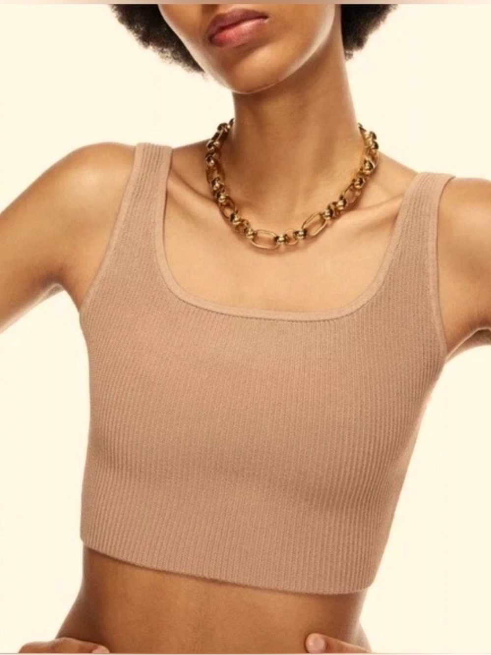 Aritzia Babaton Sculpt Knit Squareneck Cropped Ribbed Tank Small Taupe Tan Beige